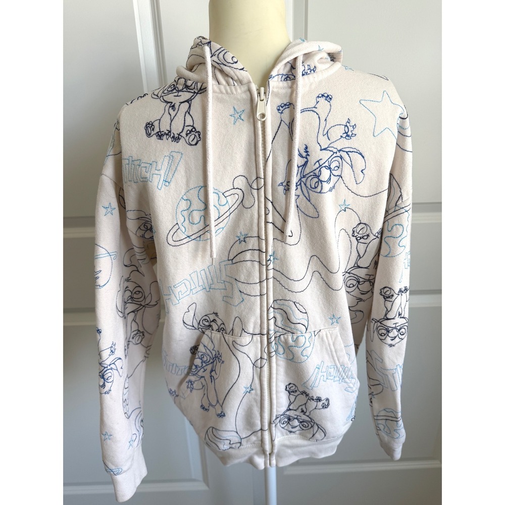 Disney Lilo & Stitch Cream Embroidered Zip Up Hoodie XS Women's